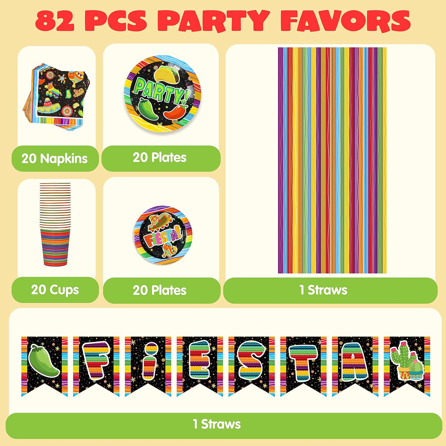 Fiesta Tableware Set, Party Supplies Packs for Cinco De Mayo, Party Decoration Supplies, Table Decorations -82PCS Fiesta Tableware Set, Party Supplies Packs for Cinco De Mayo, Party Decoration Supplies, Table Decorations -82PCS